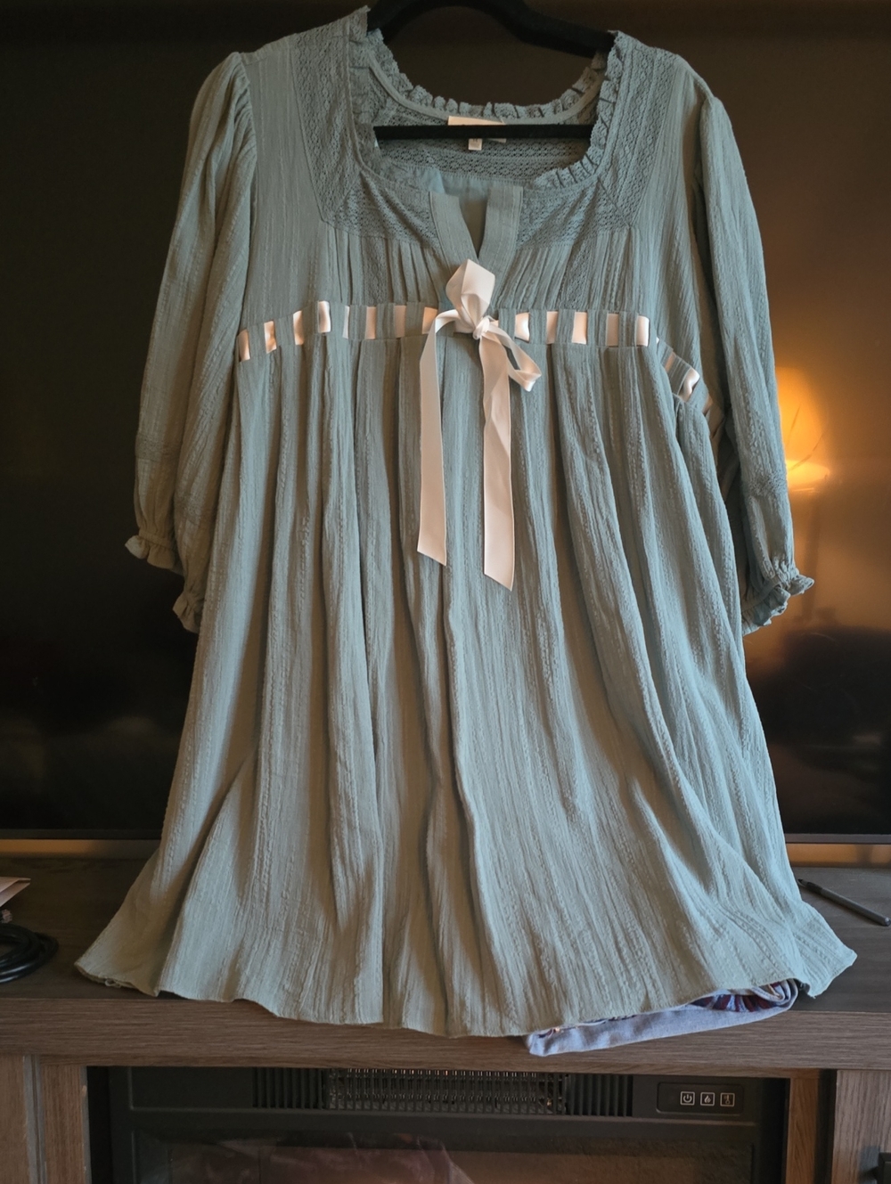 Women's Sage Green Long Sleeve Peasant Dress with Ribbon Tie